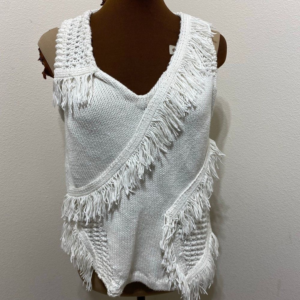Anthropologie White Fringe V-Neck Sweater Vest